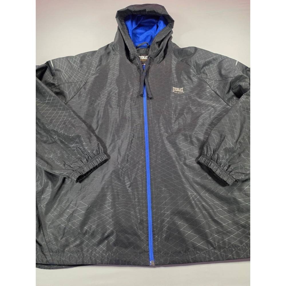Everlast Sport Mens XL Black Geometric Grid Hooded Windbreaker Jacket Blue Zip